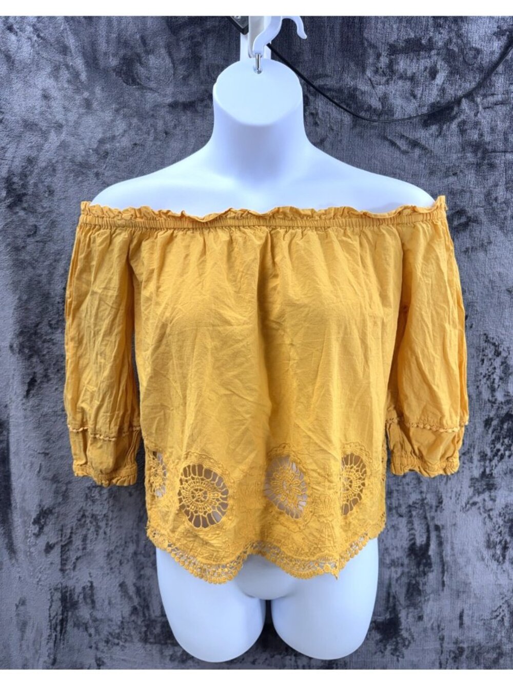 Story On Womens L Mustard Yellow Off Shoulder Boho Eyelet Lace Peasant Top